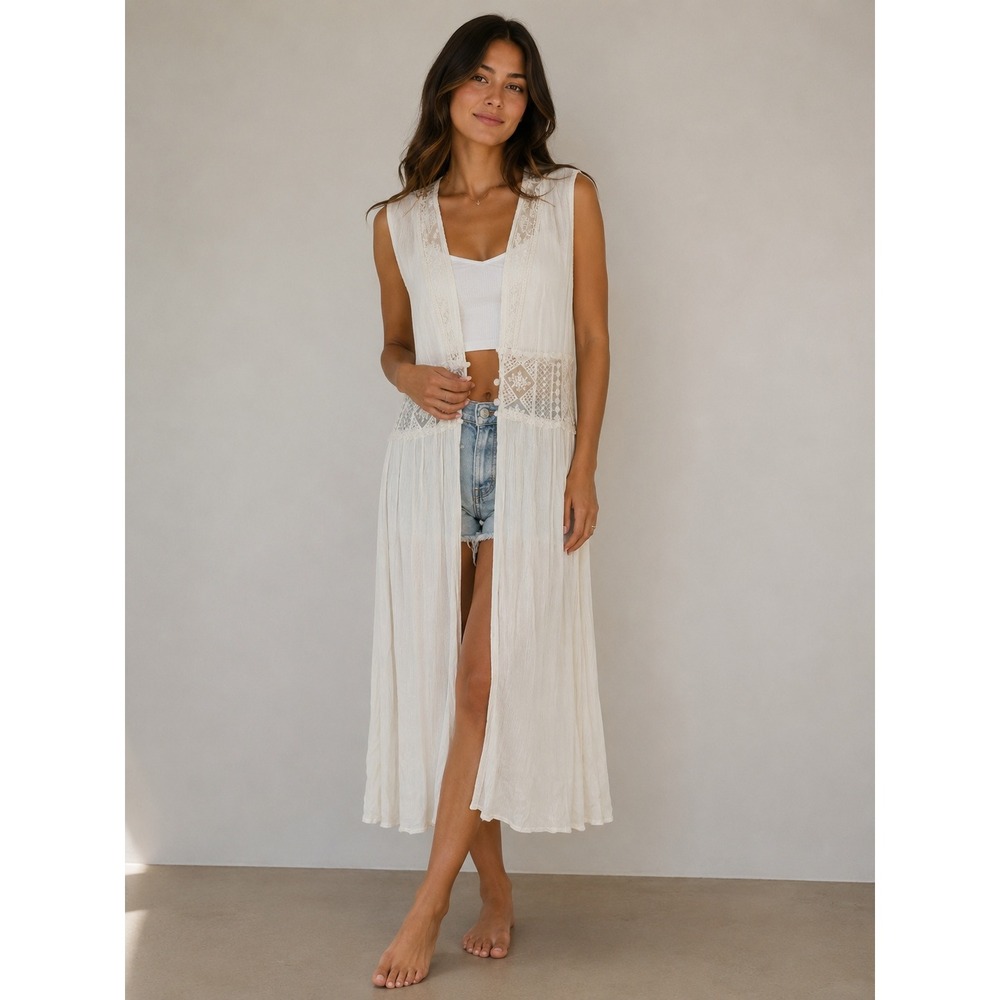 Sun & Shadow Women Ivory Crochet Lace Gauze Boho Kimono Duster Sz S Festival